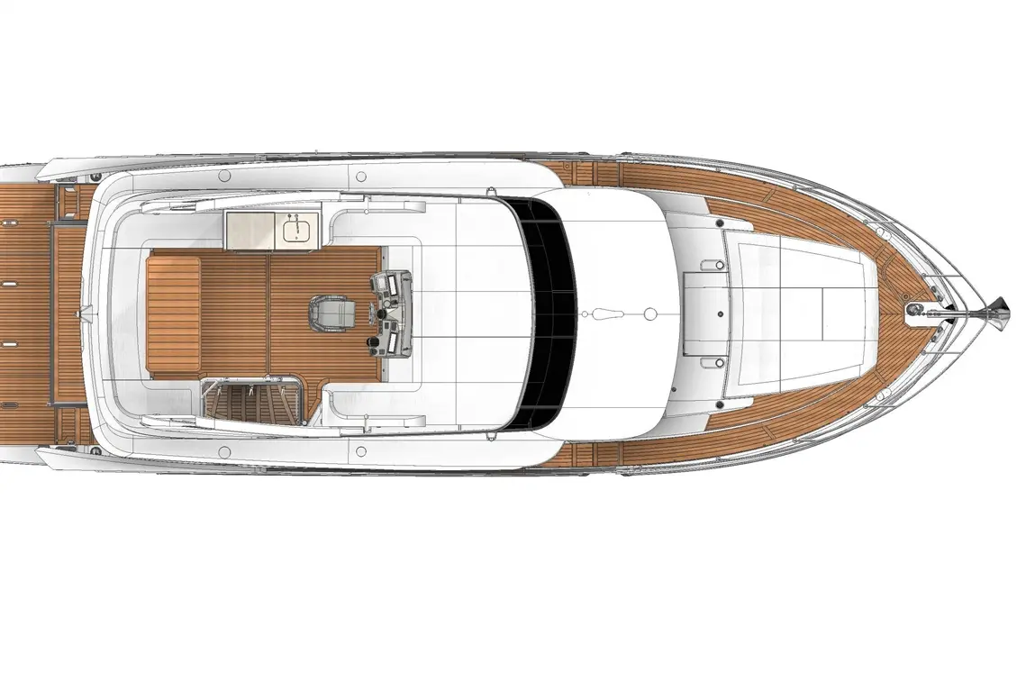 Top view of a luxury yacht's deck, featuring wooden flooring, seating area, control console, and helm station.